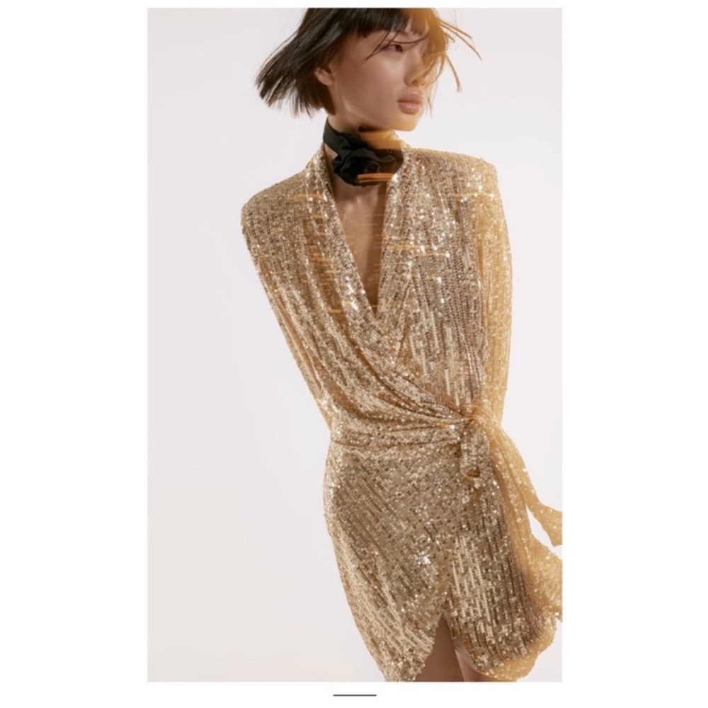 Zara gold sequin wrap dress XS